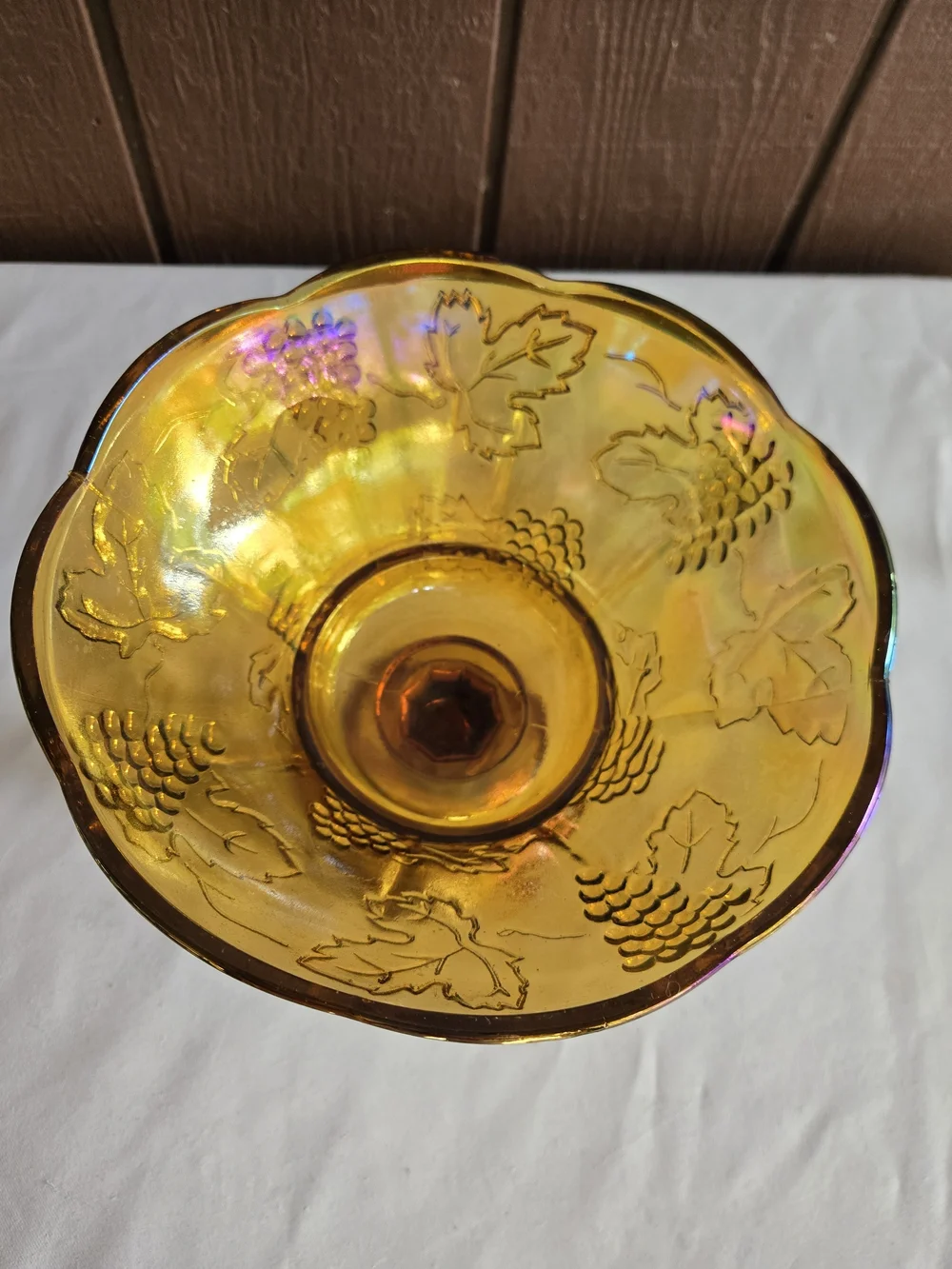 Vintage Indiana Marigold Amber Carnival Glass Harvest Grape Design Compote